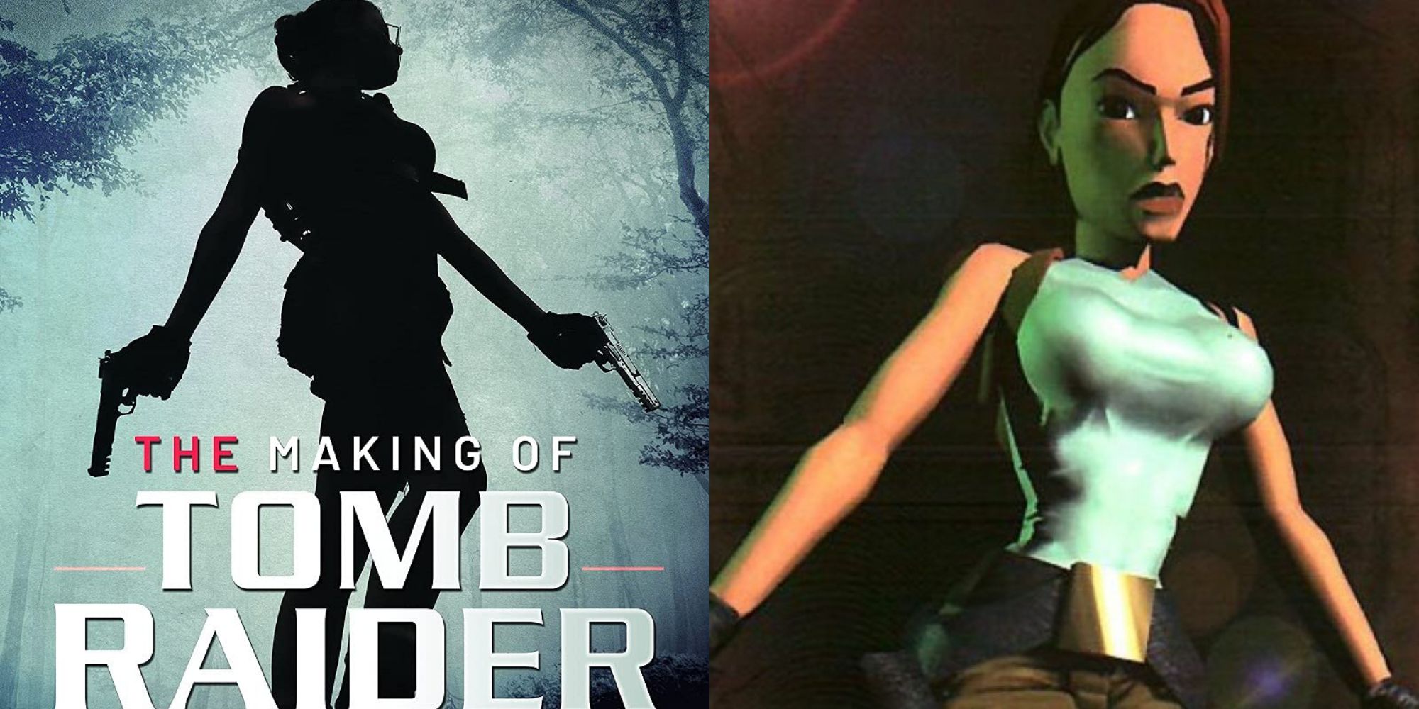 The cover art for Daryl Baxter's The Making Of Tomb Raider, collaged with a promotional image of Lara Croft from the original Lara Croft: Tomb Raider game
