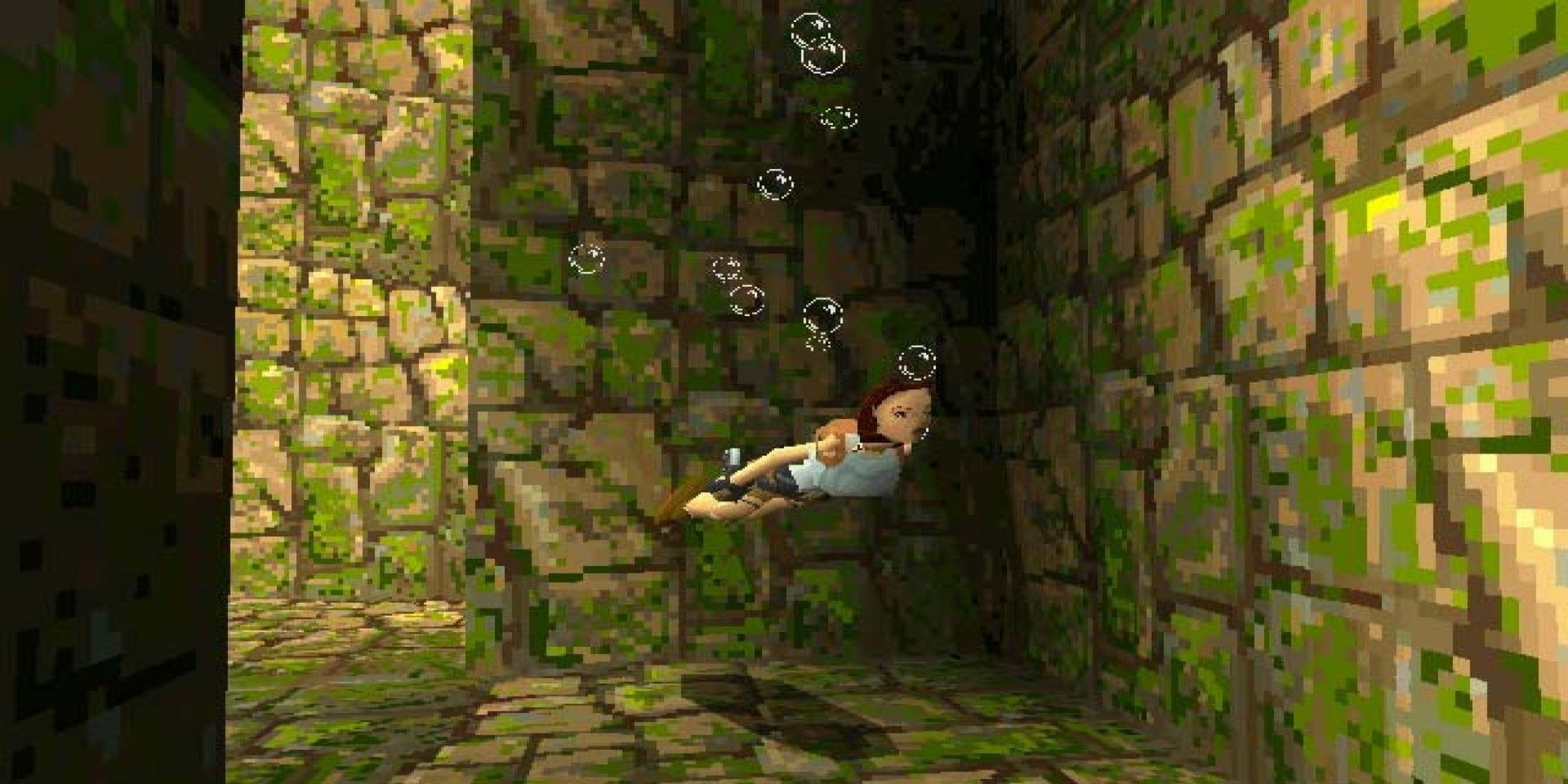A screenshot showing Lara Croft swimming in Tomb Raider