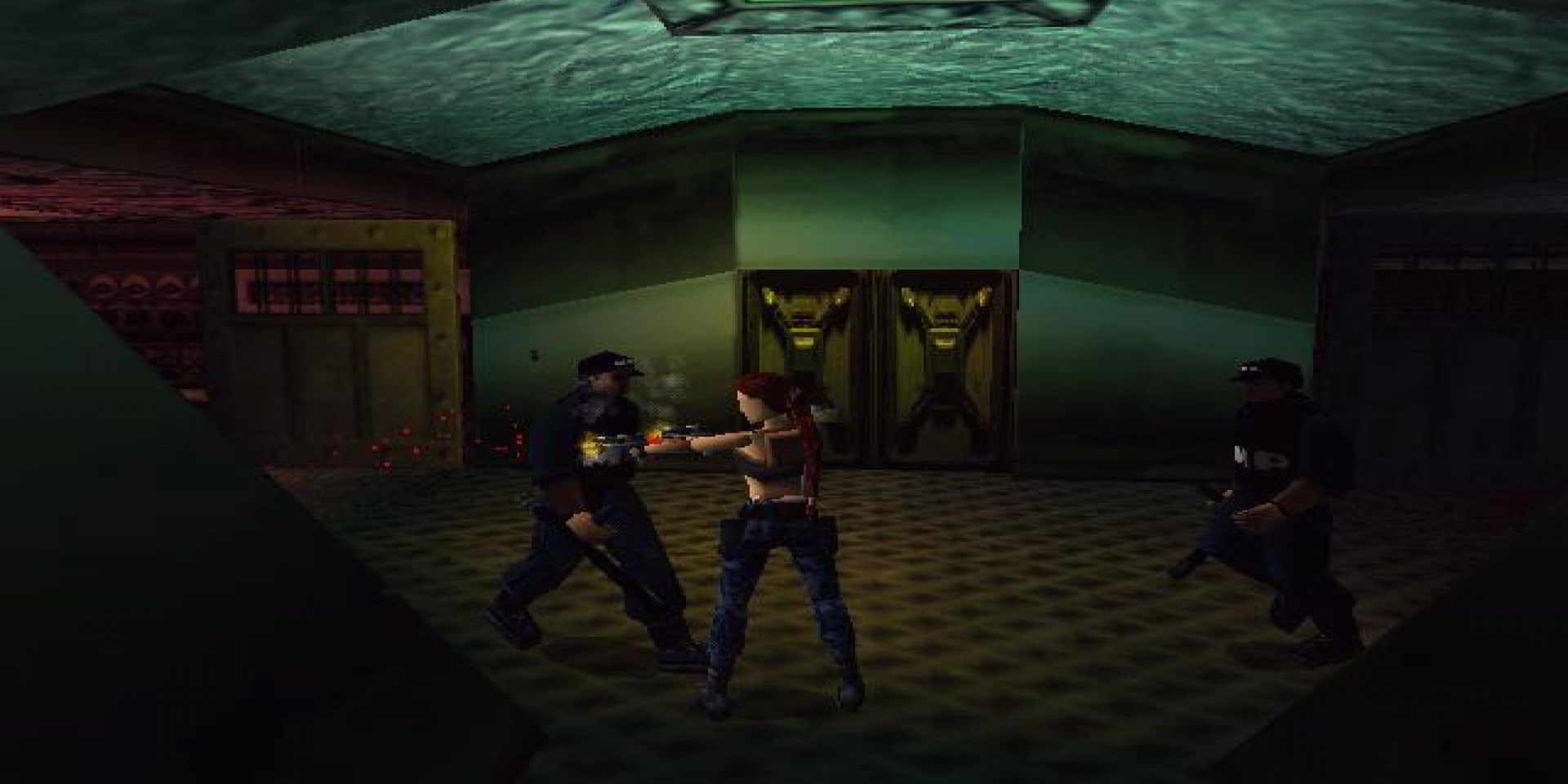 A screenshot showing Lara Croft fighting two mercenaries in Tomb Raider 3