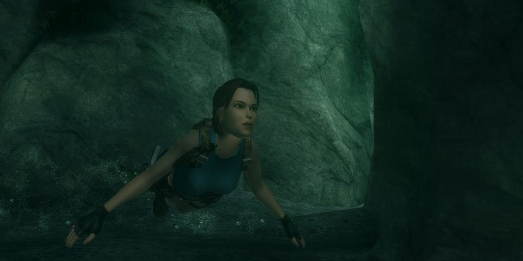 A screenshot showing Lara Croft swimming in Tomb Raider: Anniversary
