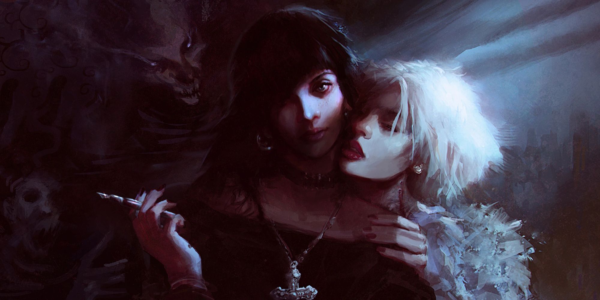 Julia is embraced by a light-haired character while a demon looks menacingly in key art for Vampire: The Masquerade - Shadows of New York
