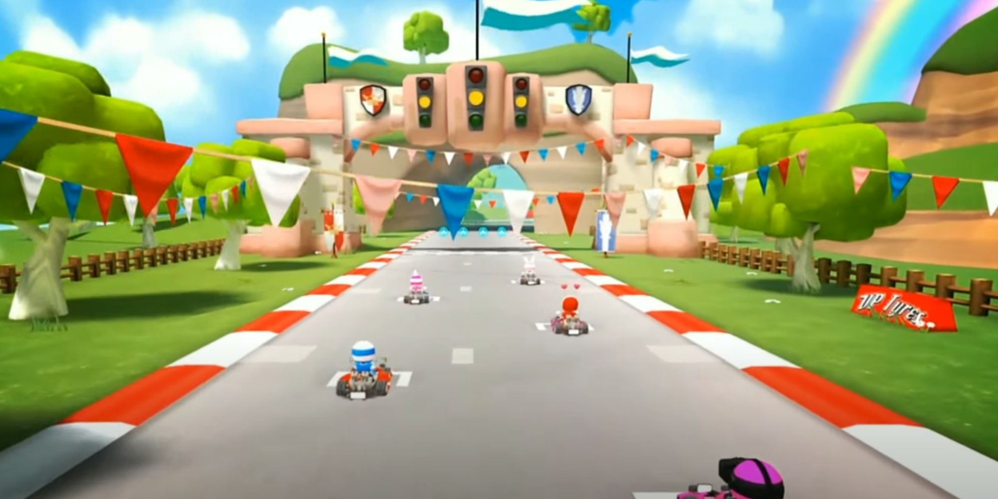 vr karts track with trees and rainbow in the background