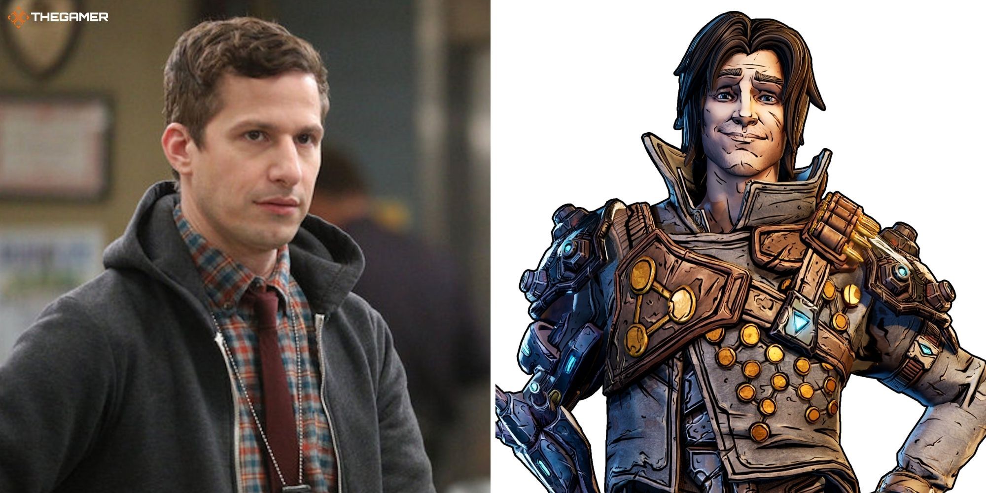 Andy Samberg in Brooklyn Nine-Nine on left, Captain Valentine from Tiny Tina's Wonderlands on right