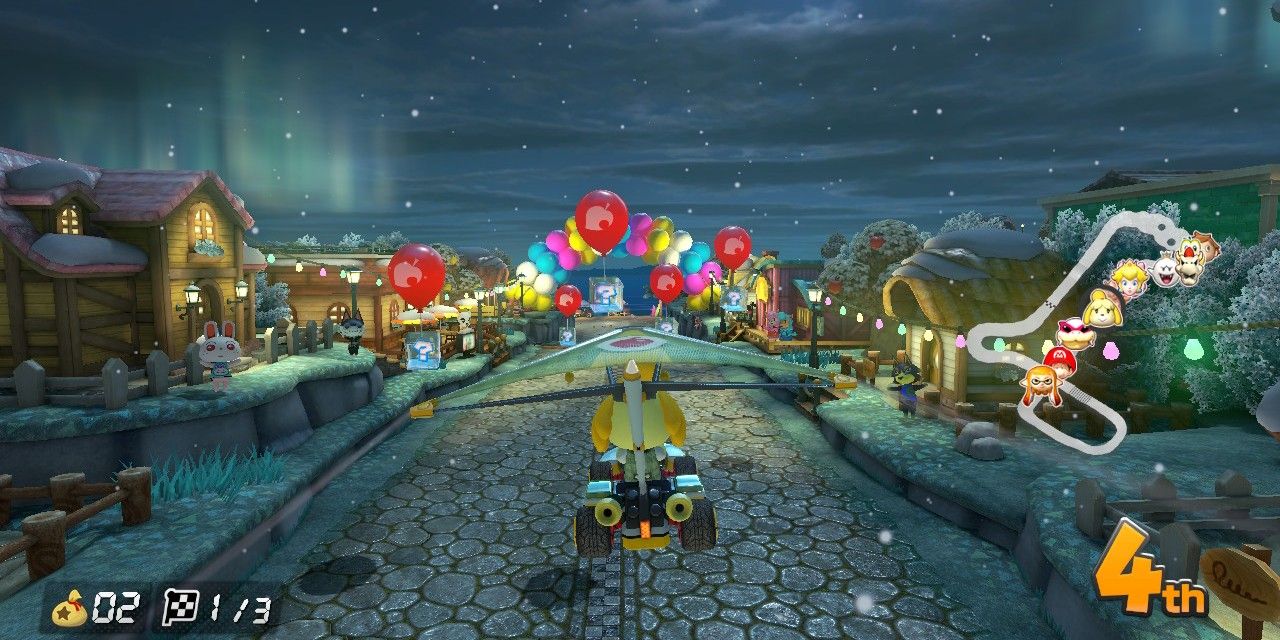 Nintendo Mario Kart 8 Isabelle racing on Animal Crossing Winter level