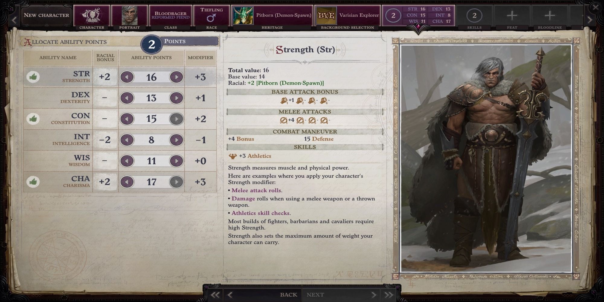 Bloodrager ability scores Pathfinder WotR char creation screenshot