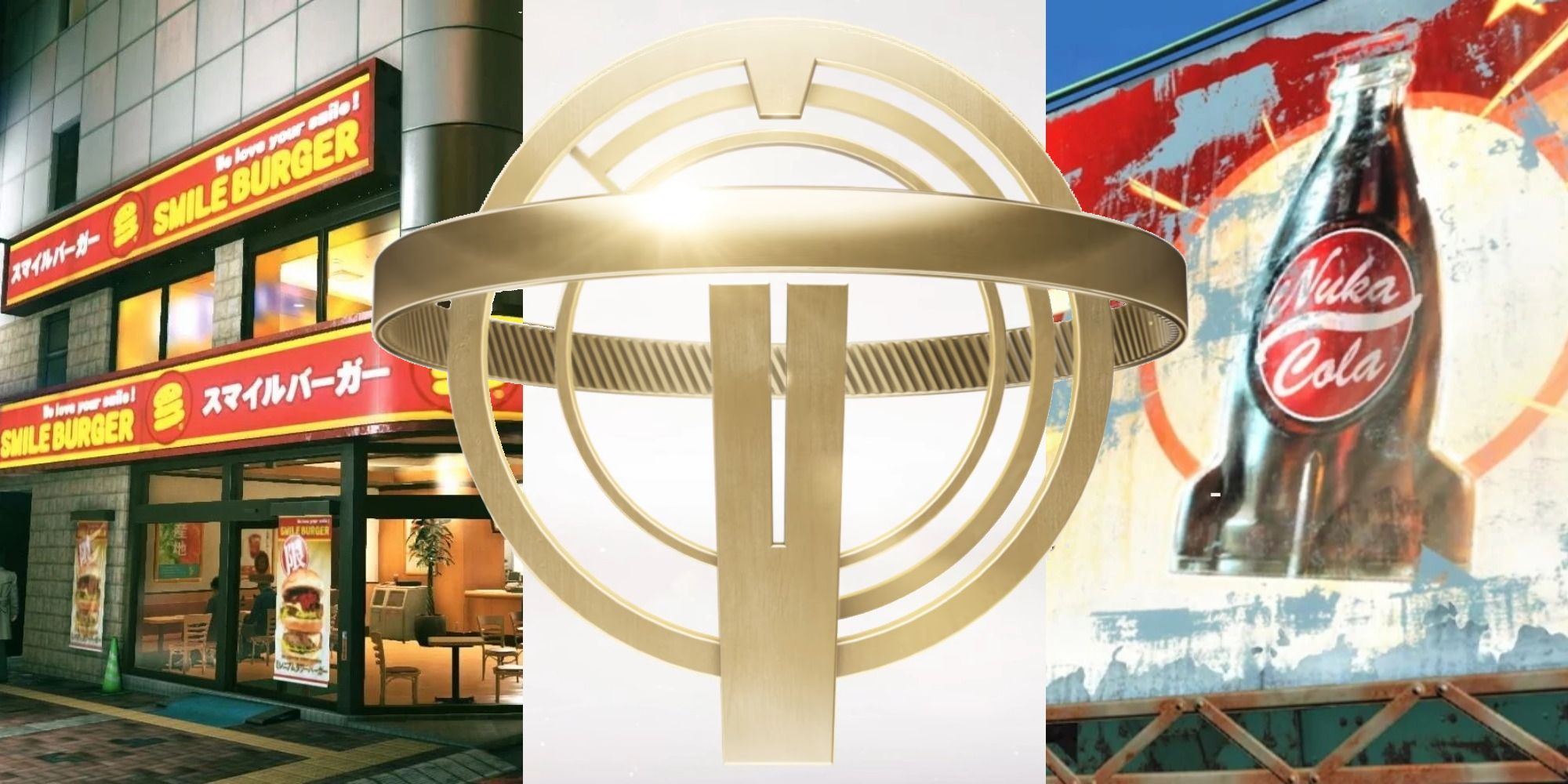 Brands Feature Image with the logo for TranStar (from Prey), a Nuka-Cola billboard (from Fallout 4), and a Smile Burger Restaurant (from Yakuza)
