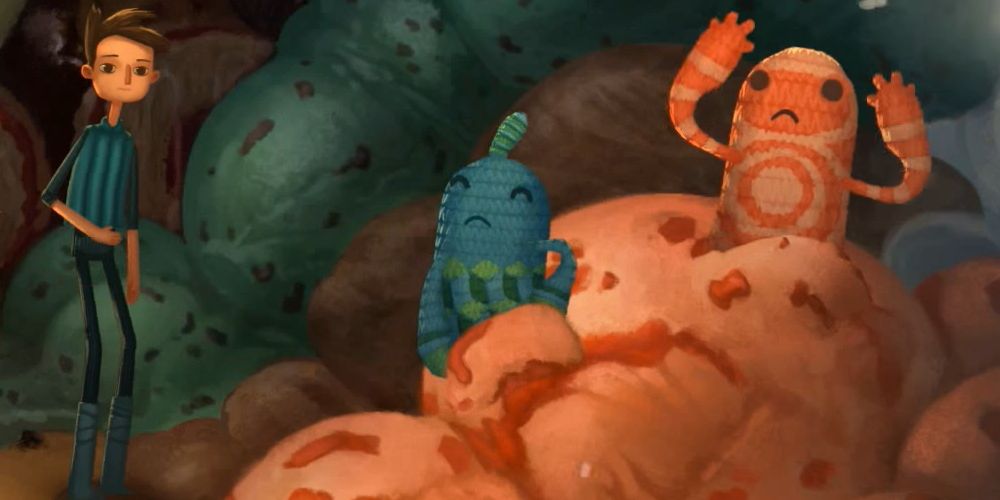 Broken Age, yarn people stuck in an ice cream avalanche