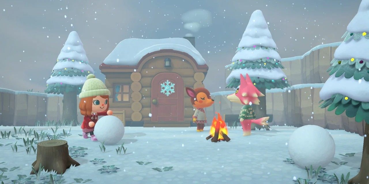 animal crossing new horizons villager in winter rolling snowball for snowboy