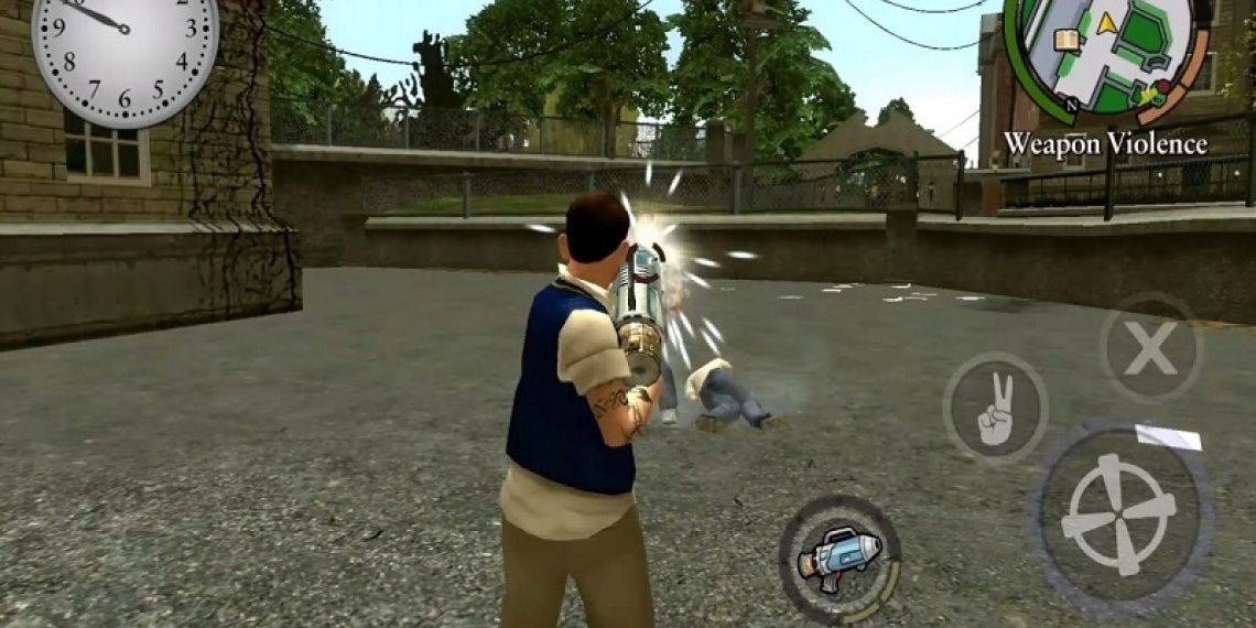 Character shoots a bottle from the bottle rocket launcher weapon in Bully