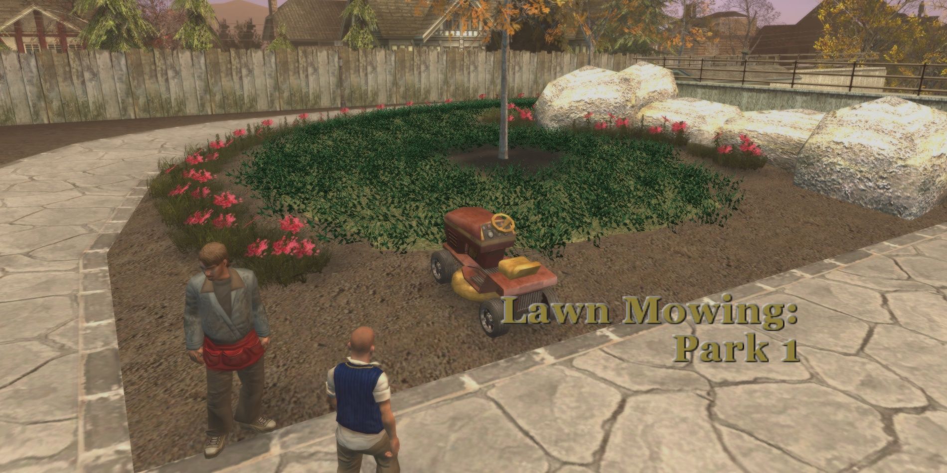 Jimmy starts a lawn mowing side mission in Bully