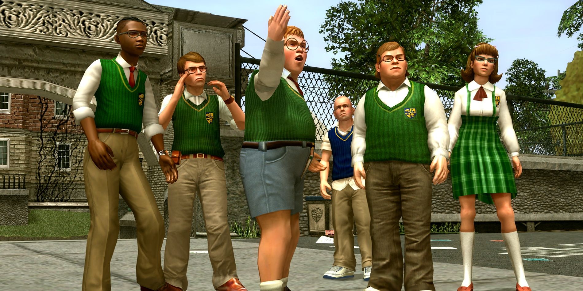 Bully Nerds wearing green stand in front of the Academy with Jimmy in the back