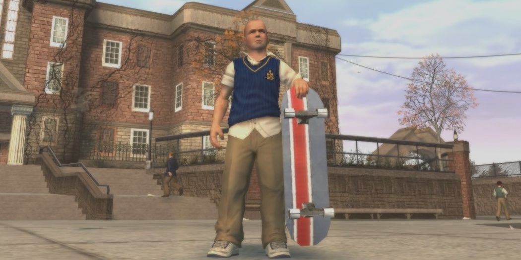 Jimmy Hopkins holds his red, white, and blue skateboard on campus in Bully
