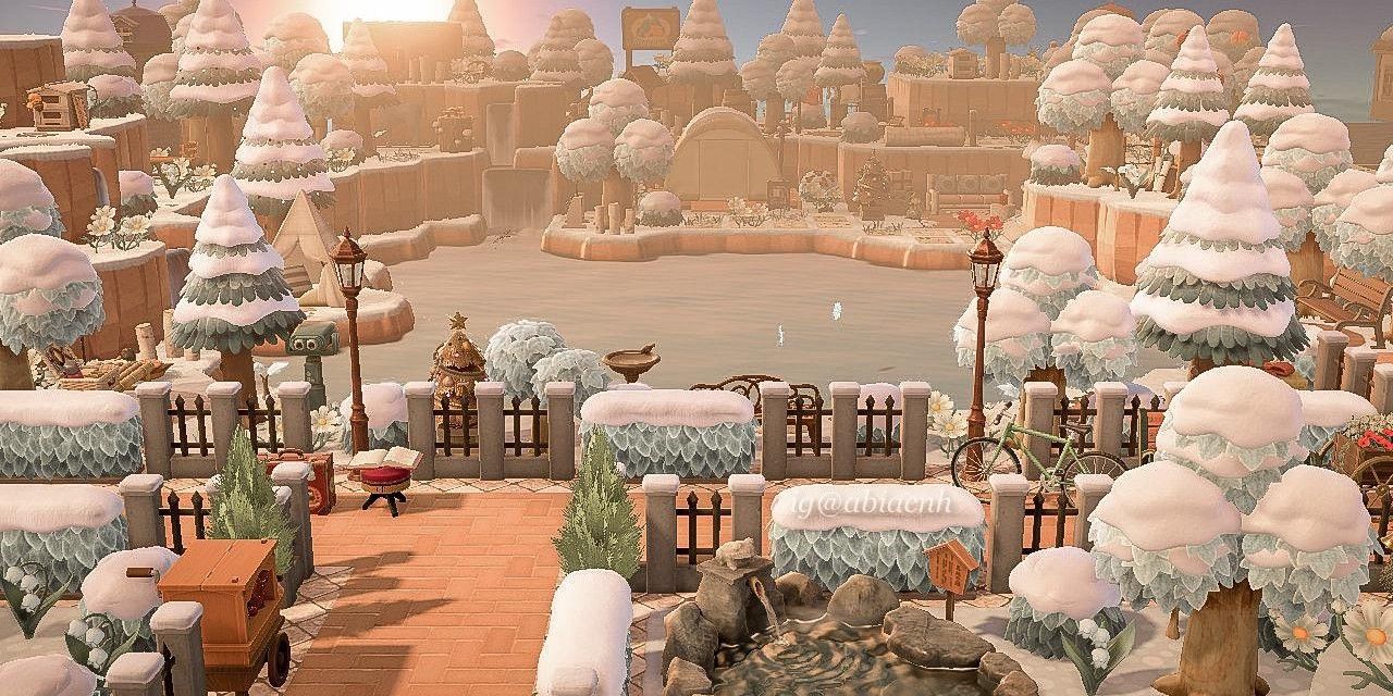 Animal Crossing New Horizons winter campsite in snowy forest