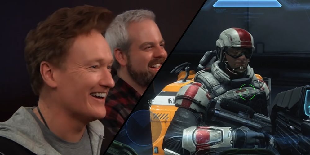 Conan O'Brien in Halo 4 with a split image of him smiling after he elbowed himself