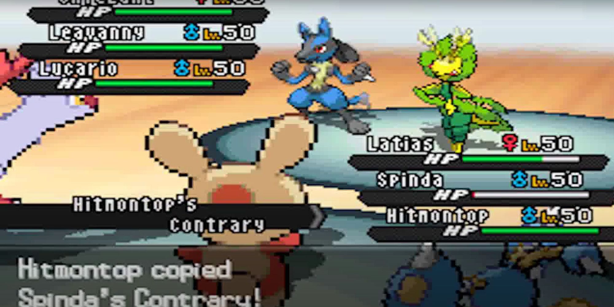 Contrary strategy in Triple Battle Format featuring Latias, Hitmontop, and Spinda facing off against a Leavanny, Lucario, and Unfezant 