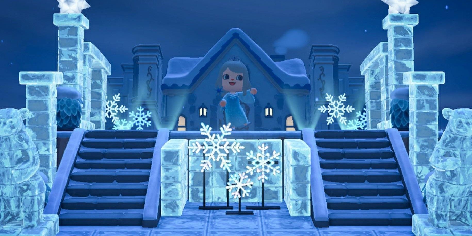 animal crossing new horizons winter ice castle with frozen furniture and illuminated snowflakes
