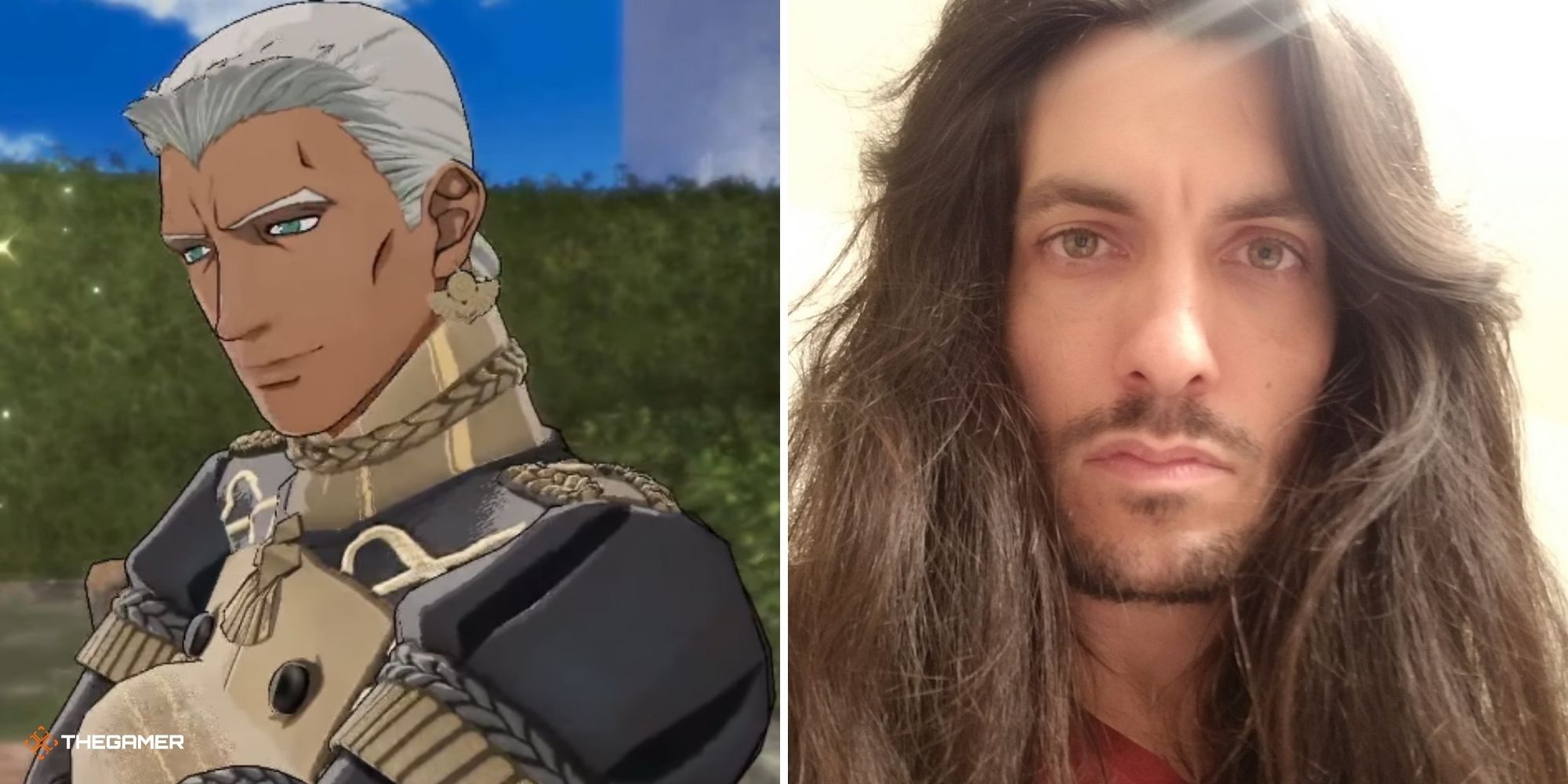 Dedue from Fire Emblem Three Houses on left, actor Ben Lepley right