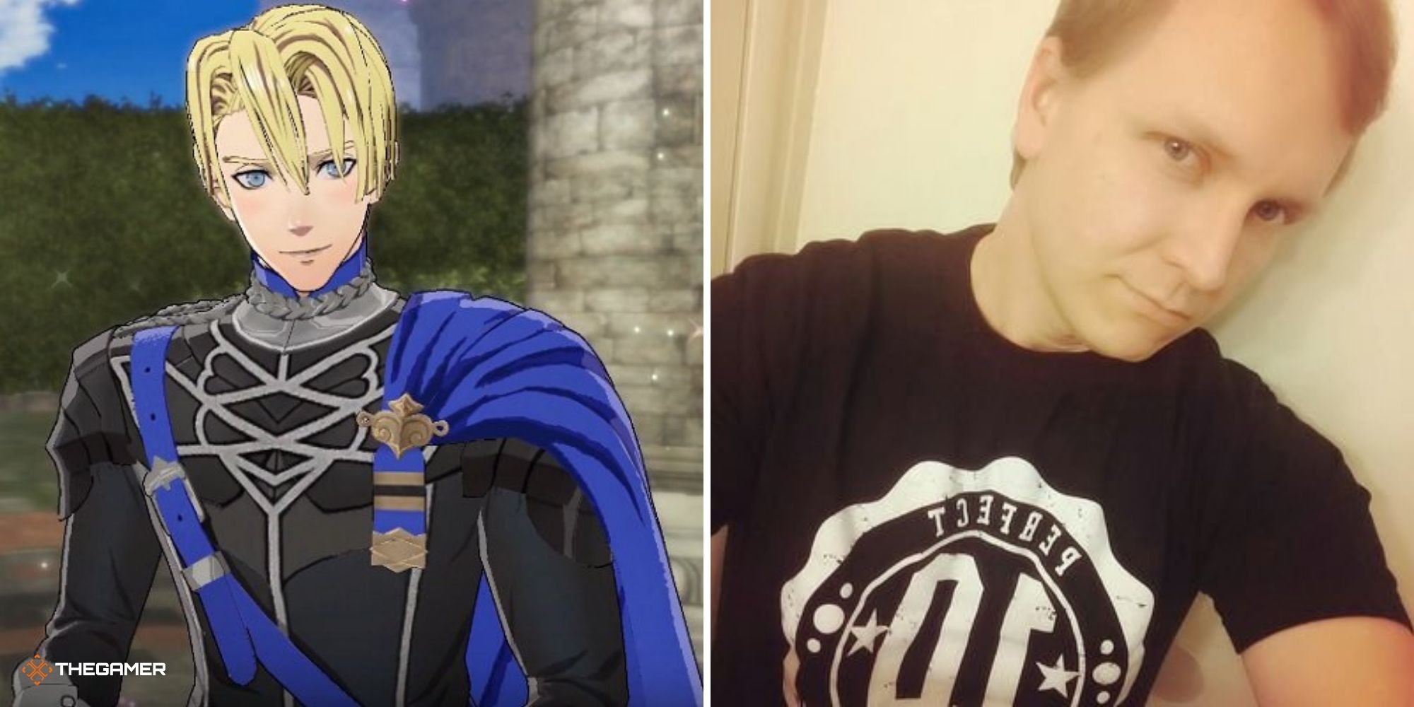 Dimitri from Fire Emblem Three Houses on left, actor Chris Hackney right