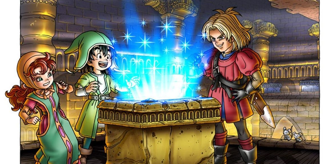 Art from Dragon Quest VII, showing the Hero, Maribel, and Kiefer gazing at a glowing tablet