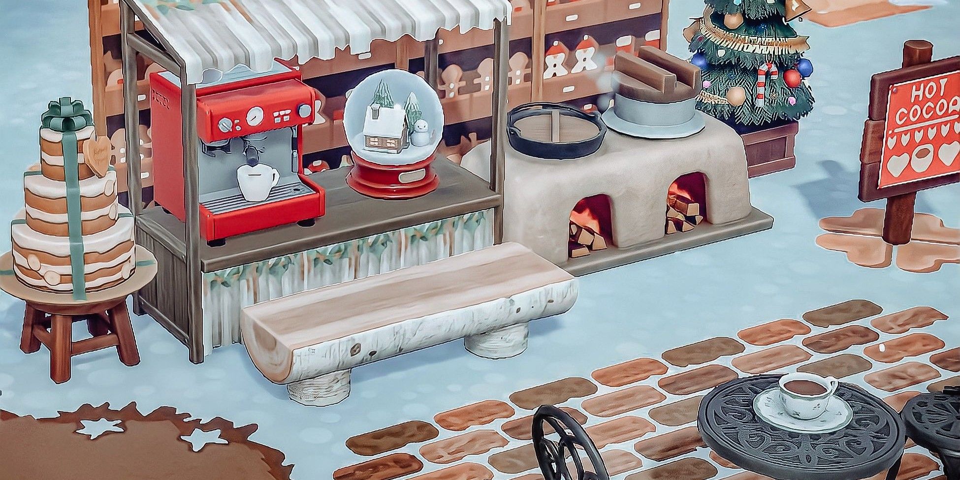 animal crossing new horizons winter hot cocoa station with fireplace