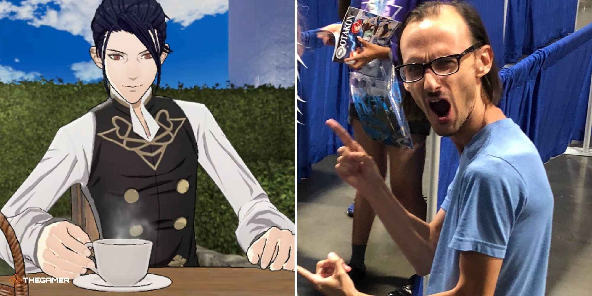 Felix from Fire Emblem Three Houses on left, actor Lucien Dodge right