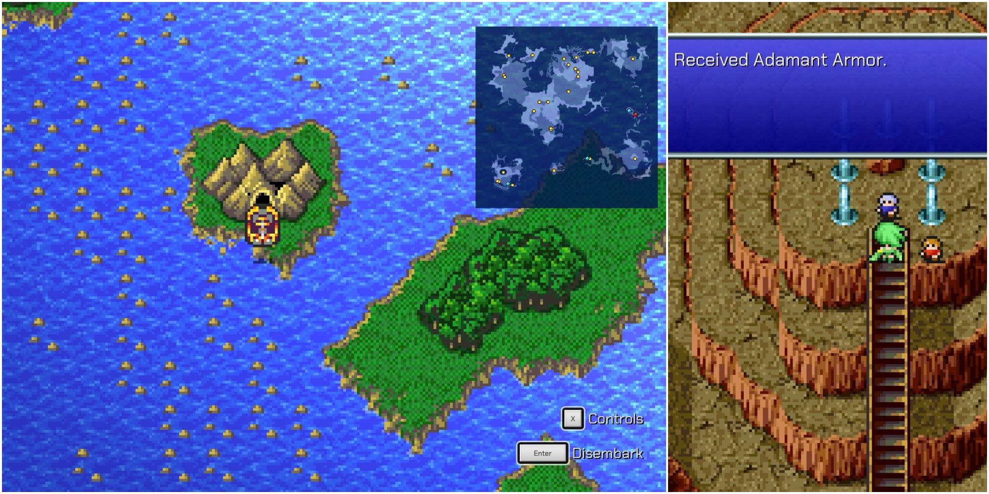 Split image of the location of Mythril and the trade for Adamant Armor in Final Fantasy 4 Pixel Remaster