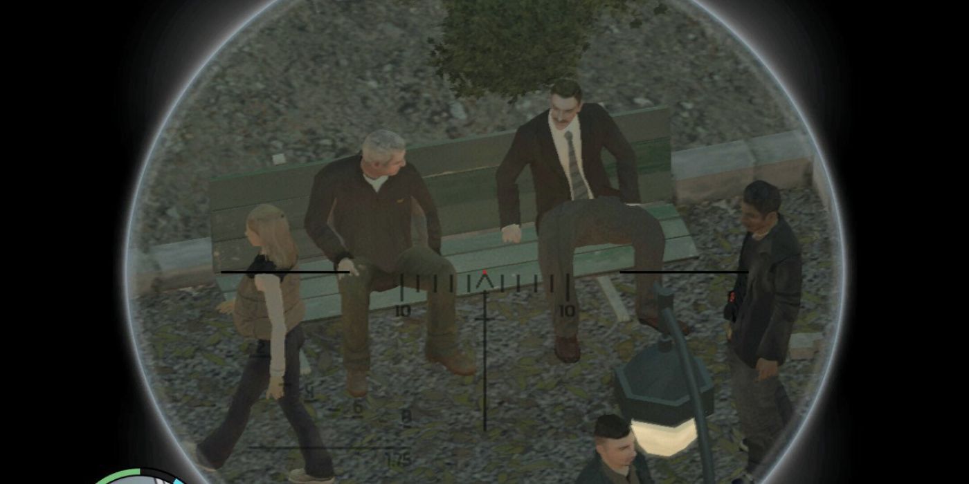 Derrick and Francis sit together on a park bench, viewed through the view of a sniper rifle scope