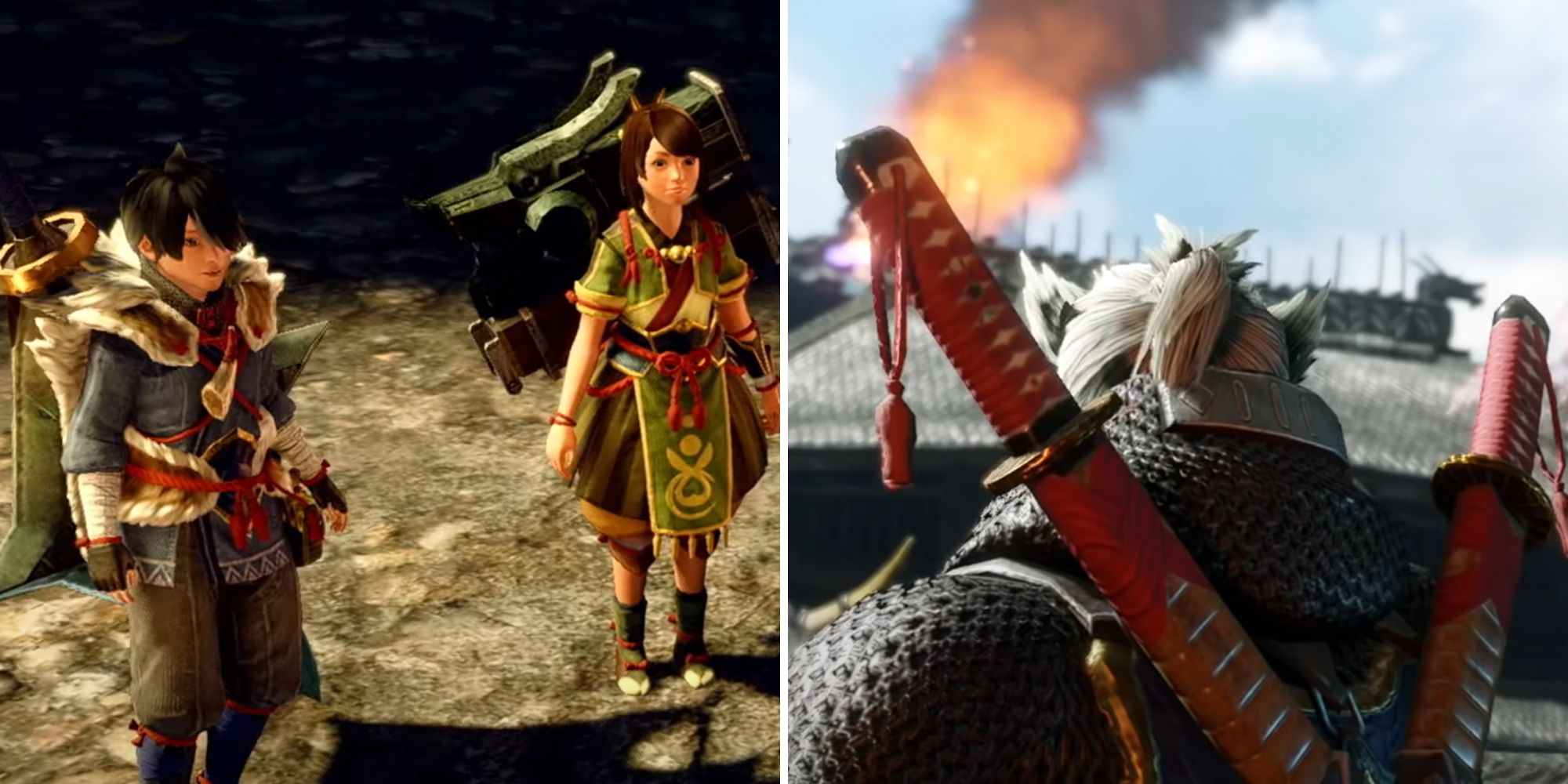 monster hunter rise split image. both are taken from cutscenes.