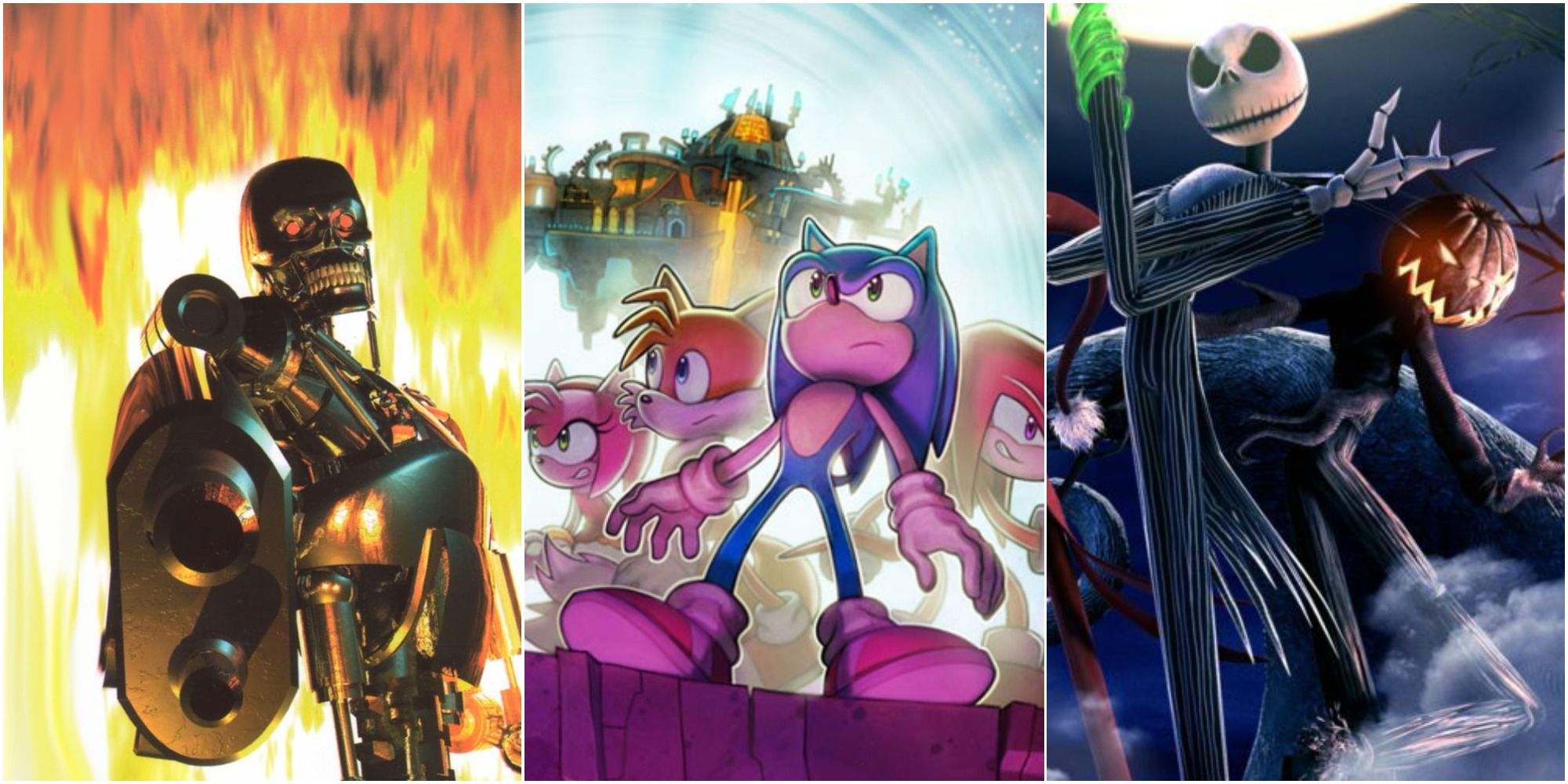 Bethesda's Skynet box art, artwork from Sonic Chronicles and render of Jack Skellington, left to right