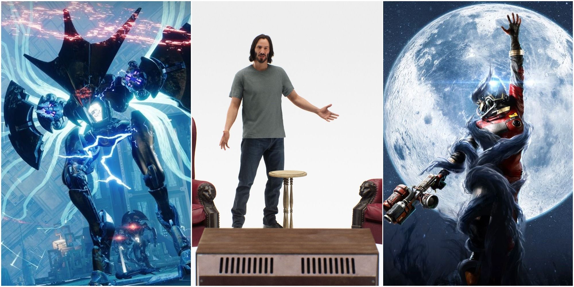 A Vex enemy from Destiny, Keanu Reevs in The Matrix Awakens, and promo art for Prey: Mooncrash, left to right
