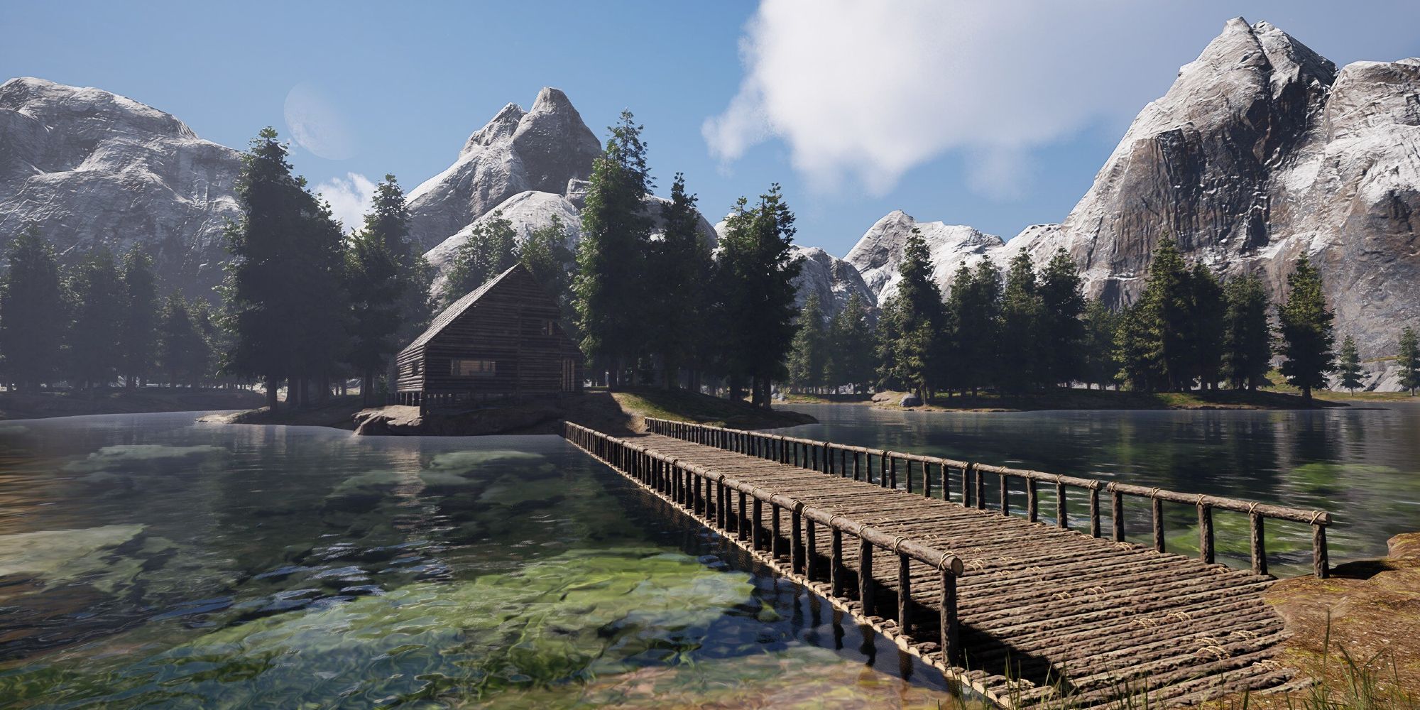 cabin with bridge connecting island in lake to the shore