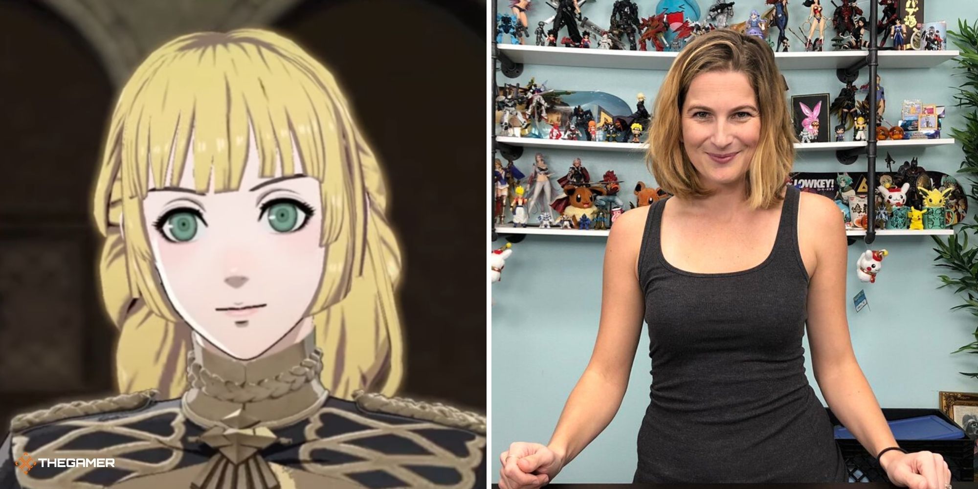 Ingrid from Fire Emblem Three Houses on left, actor Brittany Cox on right