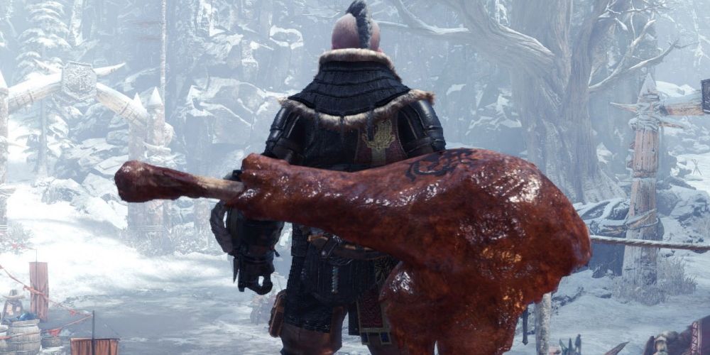 Monster Hunter World's Well-Done Hammer strapped onto the back of a hunter
