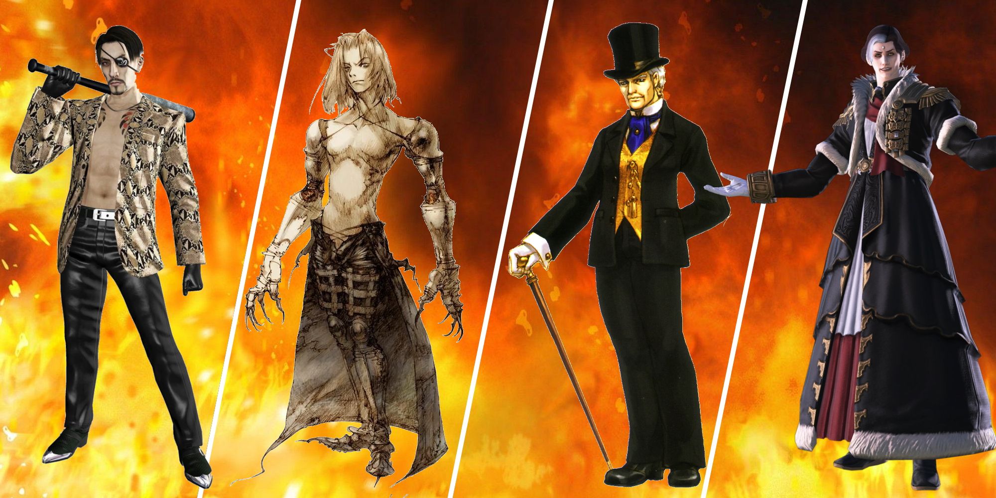 Most Charismatic Villains Featured Image with Emet-Selch, Majima, Roger Bacon, and Sydney Losstarot