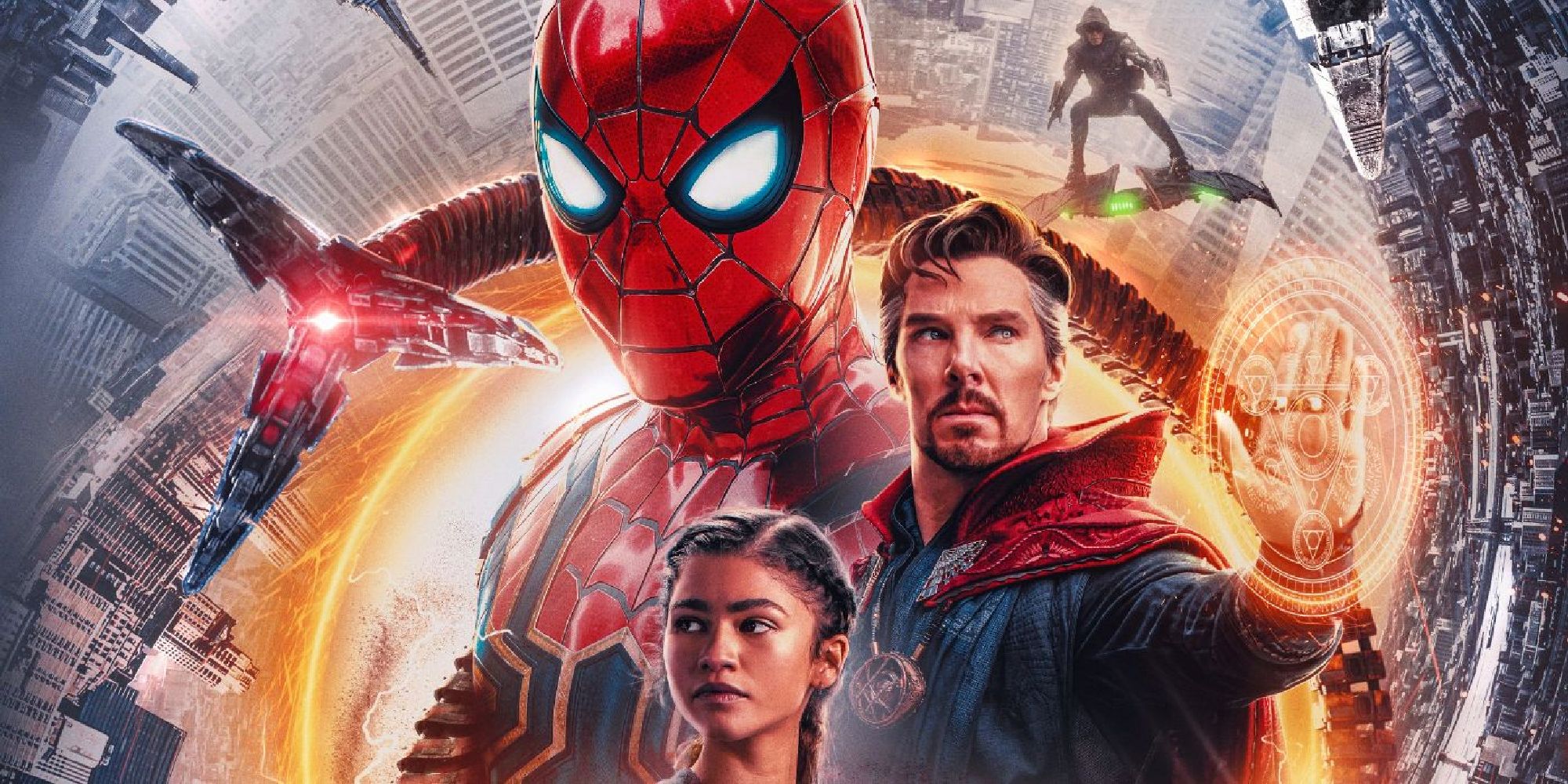 No Way Home poster with MJ, Doctor Strange, and Spider-Man standing in front of an orange portal while Doctor Octopus' tentacles wrap around them