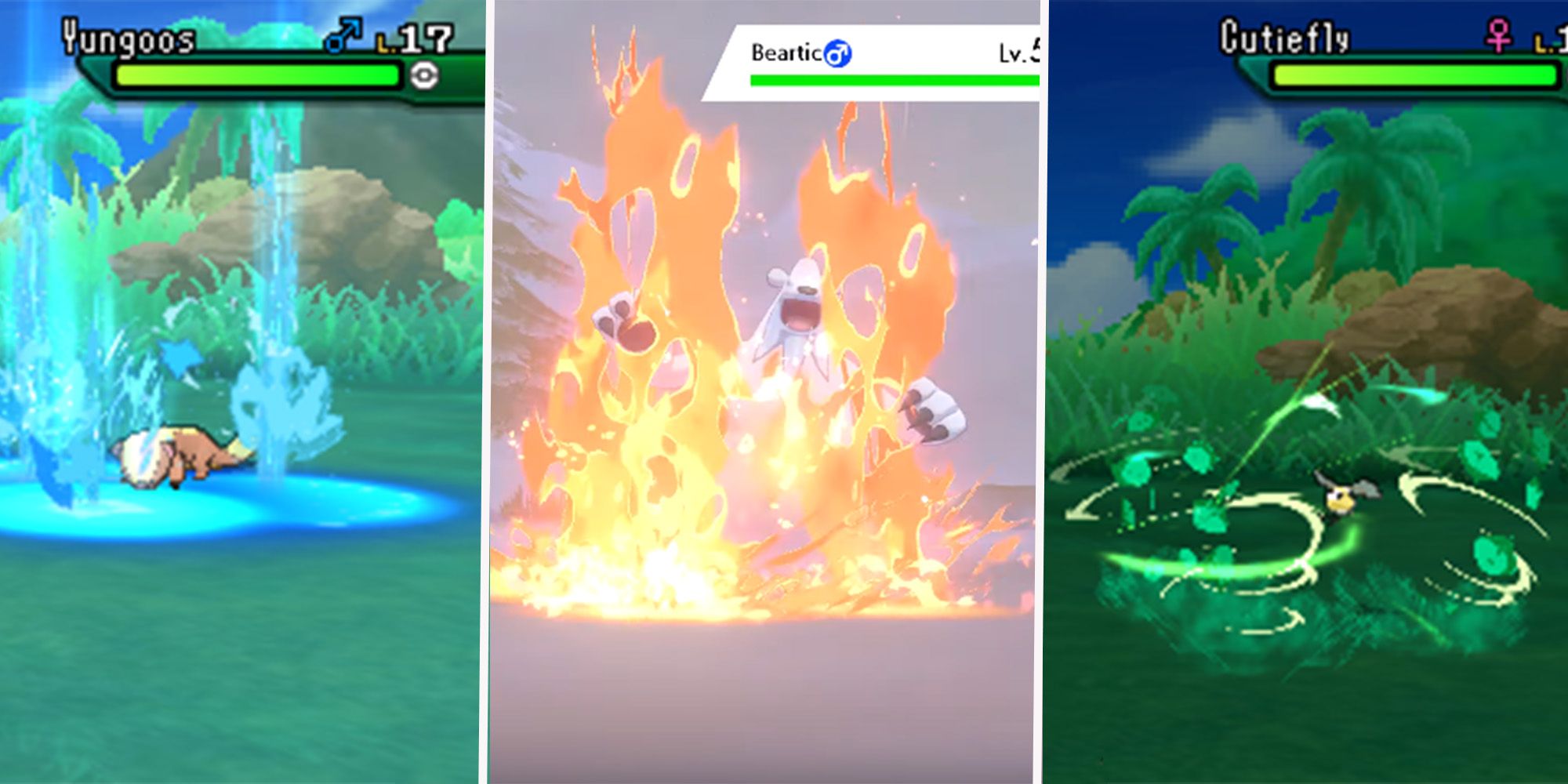 Grass, Water, and Fire Pledge Moves being used against Yungoose, Beartic, and Cutifly, in Pokemon Sun and Pokemon Sword