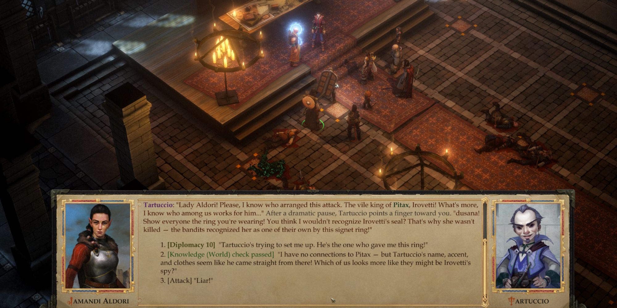 pathfinder: kingmaker, jamandi aldori and tartuccio talking to each other.