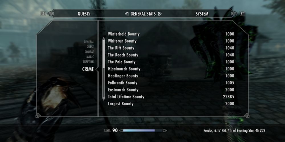 A list of bounties in the menu in Skyrim