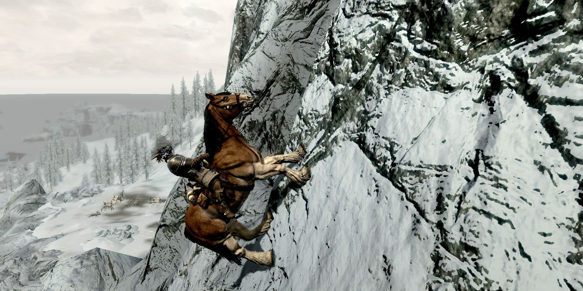 A horse climbing a snowy mountain in Skyrim