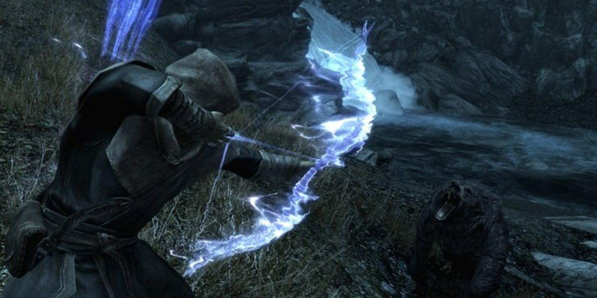 A Stealth Archer firing an arrow at a bear in Skyrim