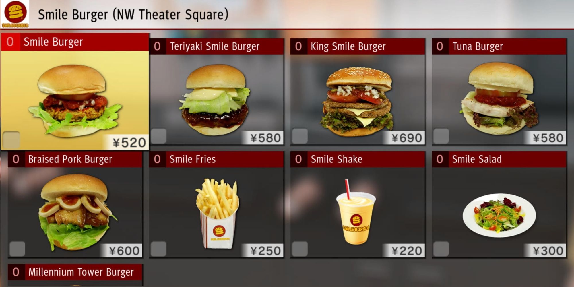 Smile Burger menu as seen in Judgement 