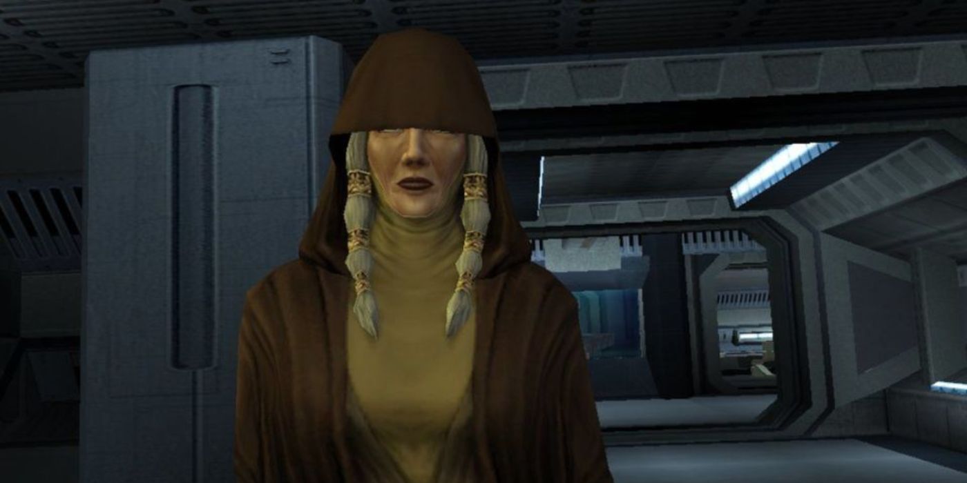 Kreia standing in a room on Peragus.
