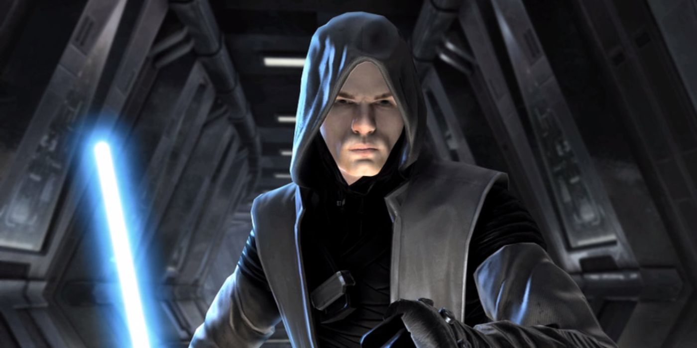 Galen Marek aka Starkiller holds a blue lightsaber while wearing his hood up.