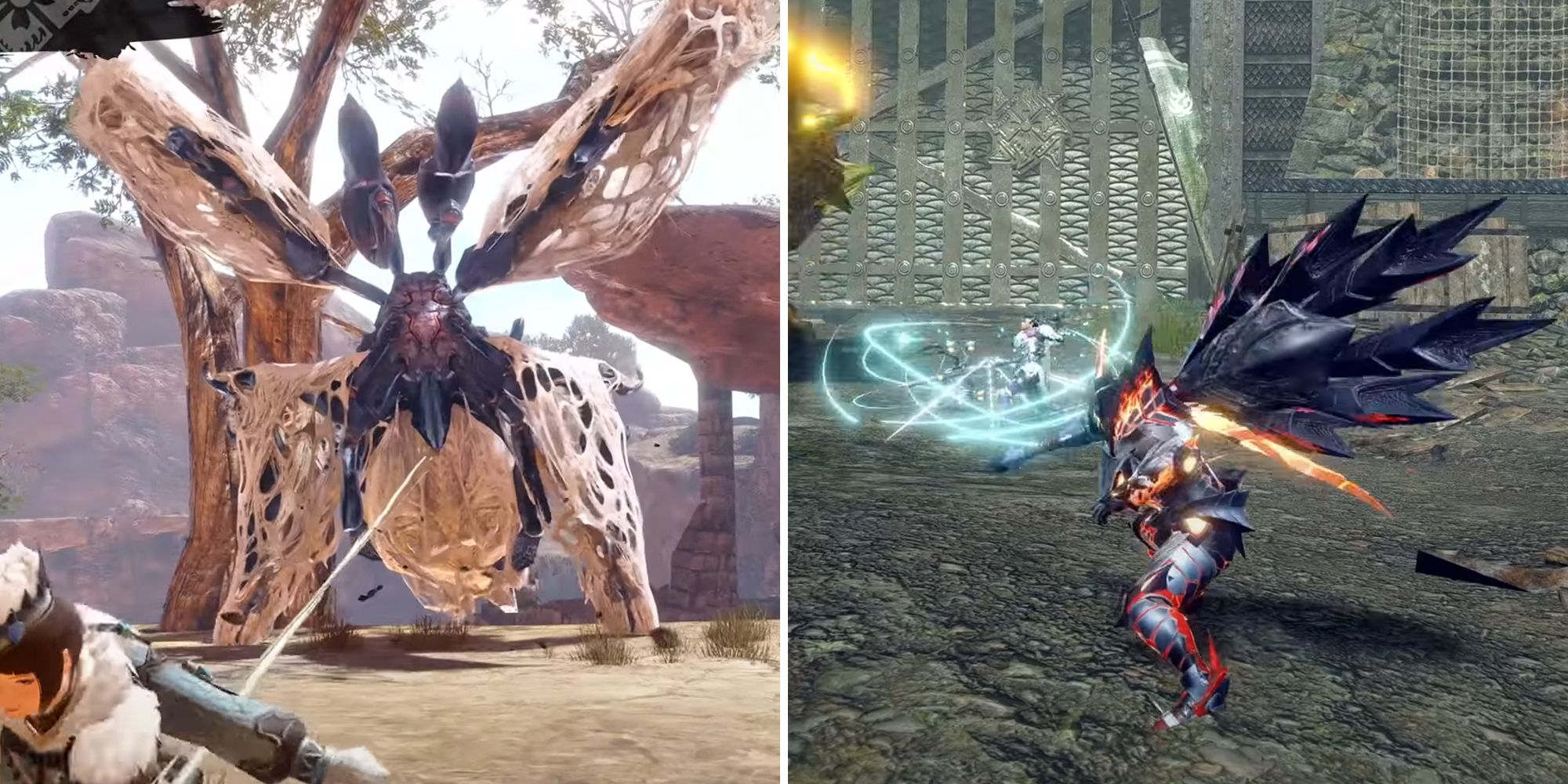 monster hunter rise split image. both photos are player fighting monster.