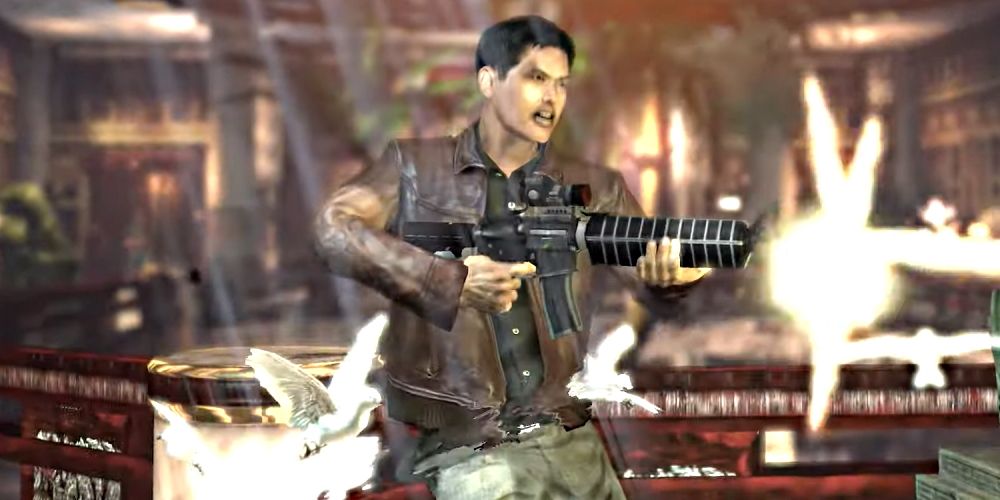 Stranglehold featuring Chow Yun-Fat and a flock of doves