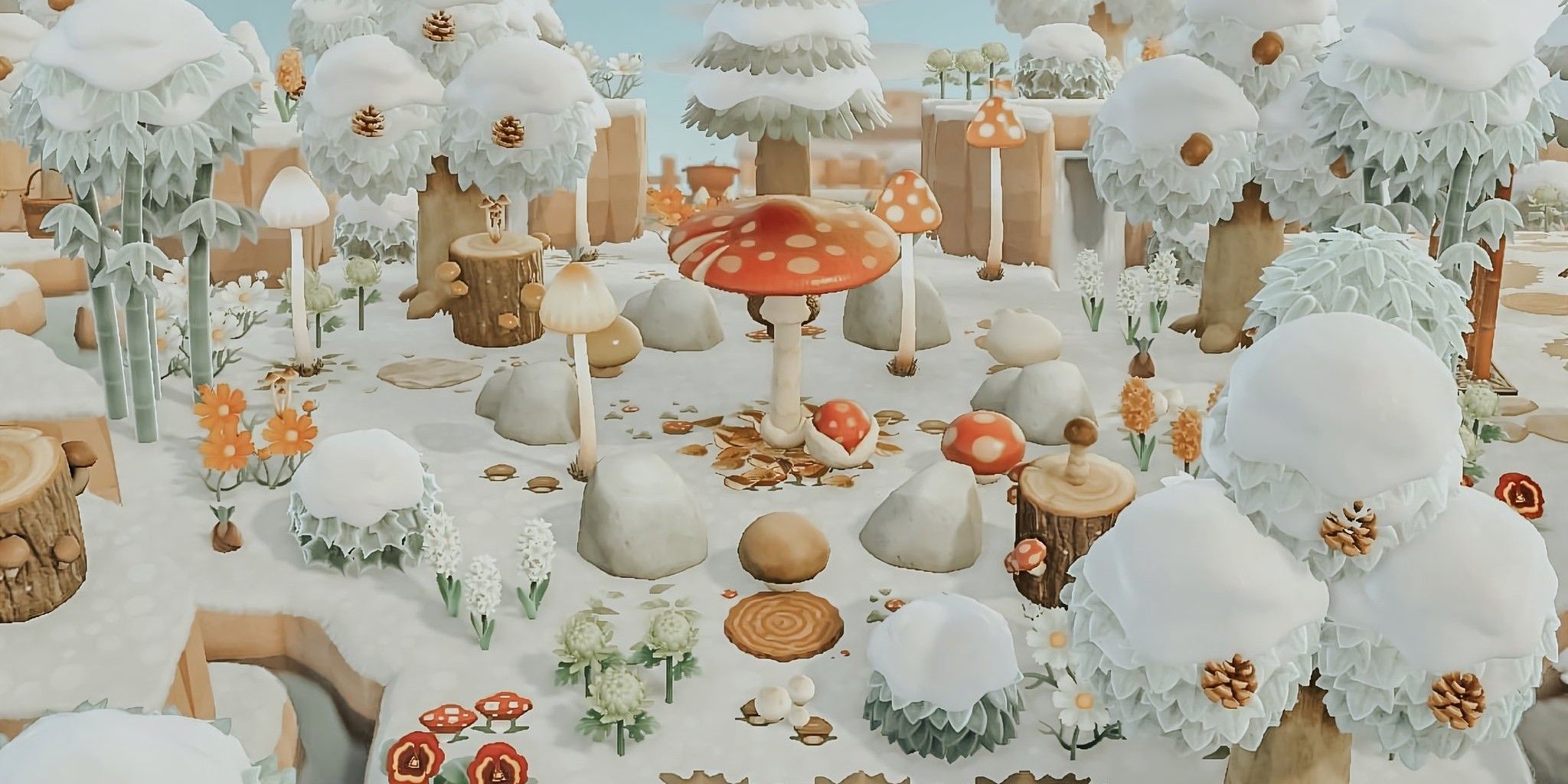 animal crossing new horizons snowy winter mushroom forest tree's bounty furniture
