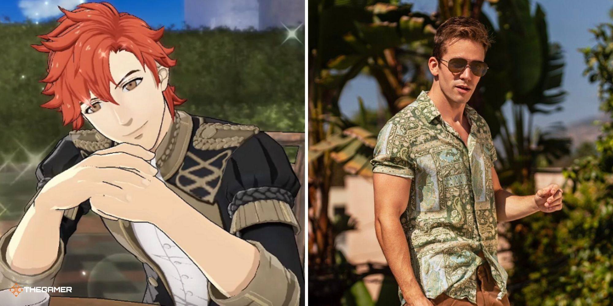 Sylvain from Fire Emblem Three Houses on left, actor Joe Brogie on right