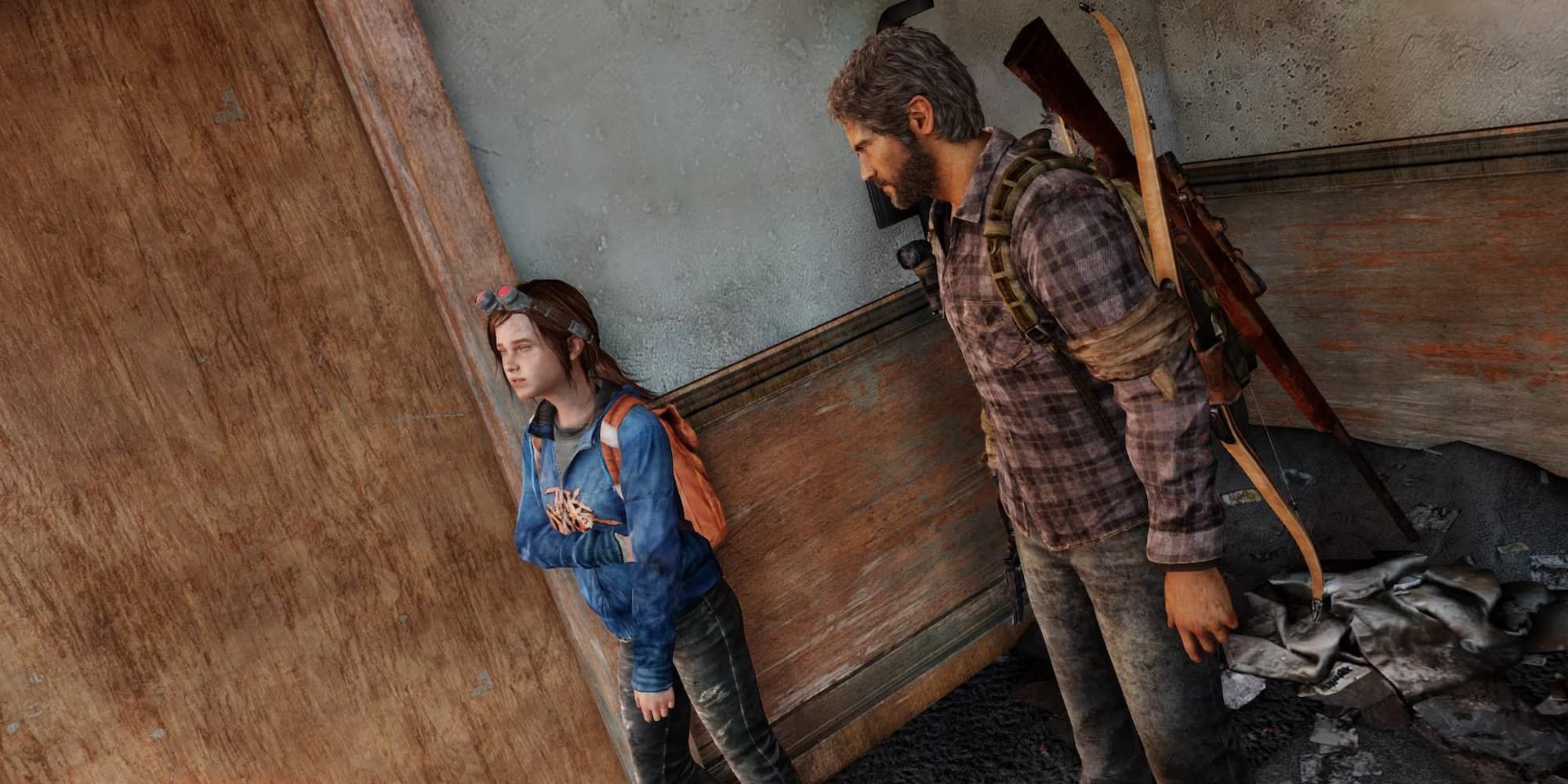 Joel looking at Ellie in TLOU whilst she looks away