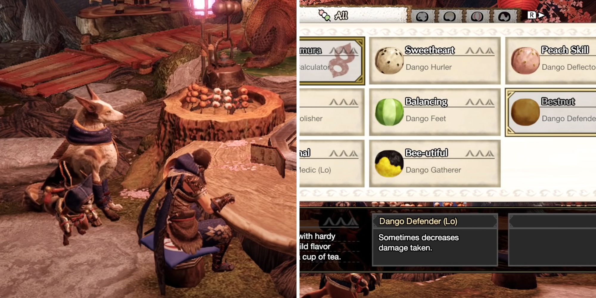 monster hunter rise split image. left is protagonist and palamute, right is canteen selection.