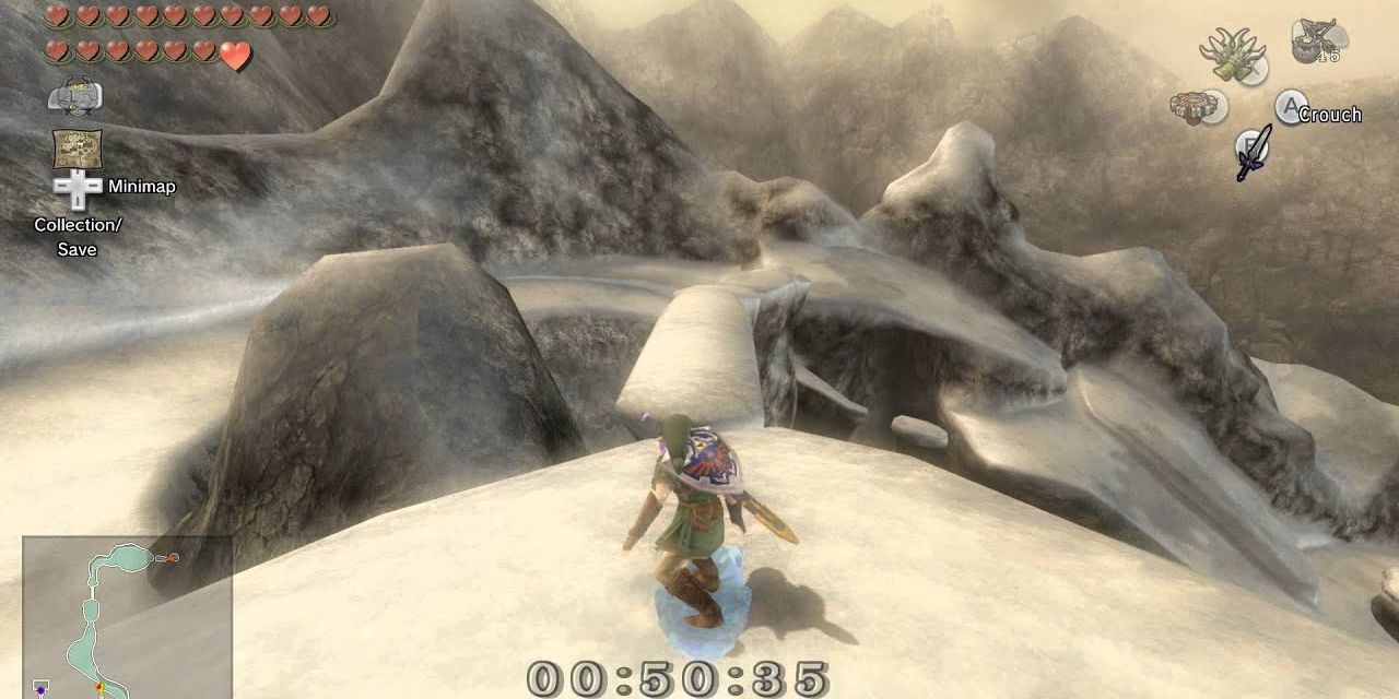 Link snowboarding down a mountain in Twilight Princess 